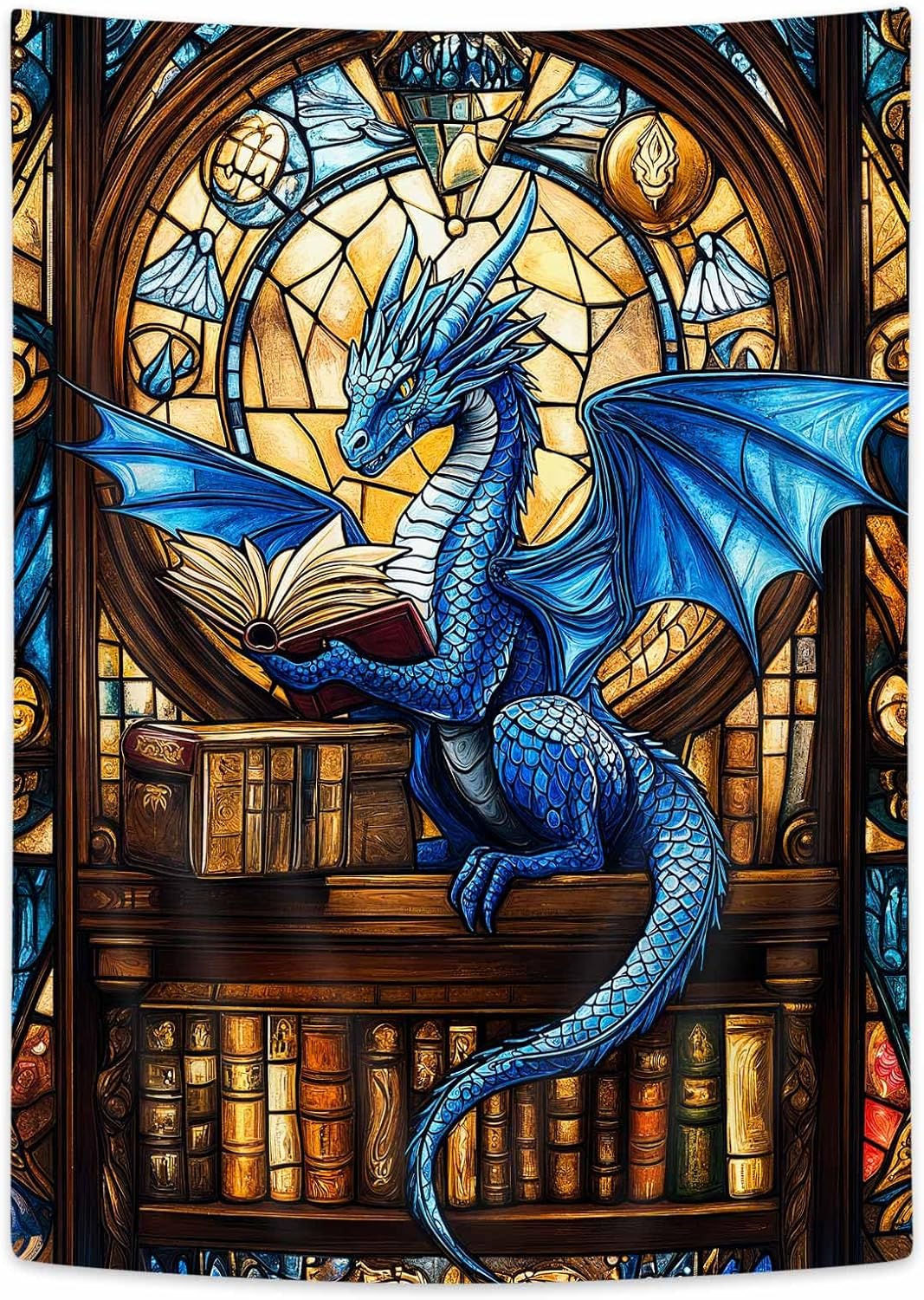 DYNH Blue Book Dragon Art Tapestry,Vintage Medieval Dragon Reading Books Wall Decor,Bookshelf Stained-glass Window Wall Hanging for Classroom Home Bedroom Living Room,40X60Inches