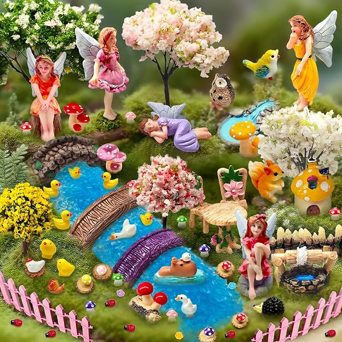 114 Pcs Miniature Fairy Garden Accessories Kit Resin Elves Animal Figurines Decor Micro Landscape Ornaments for DIY Micro Dollhouse
