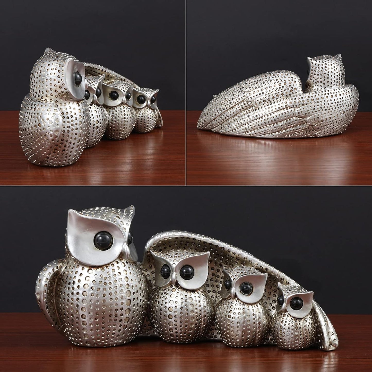 Cute Silver Family of Four owl Figurines Home Décor Sculpture with Three Baby Owls Décor for Shelf Gifts Decoration for Birds Lovers Home,Office, Bookself