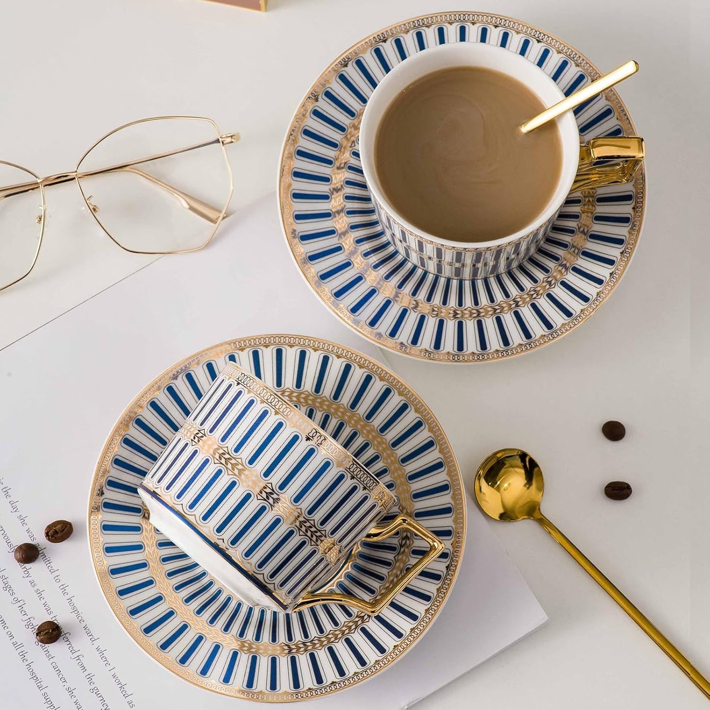 CwlwGO-Ceramic Coffe Cups and Saucer Sets,British Bone China Blue Gold Tea Cup and Saucers Service for 4,Gifts Box, China Tea Set, Tea Sets for Women and Adults.