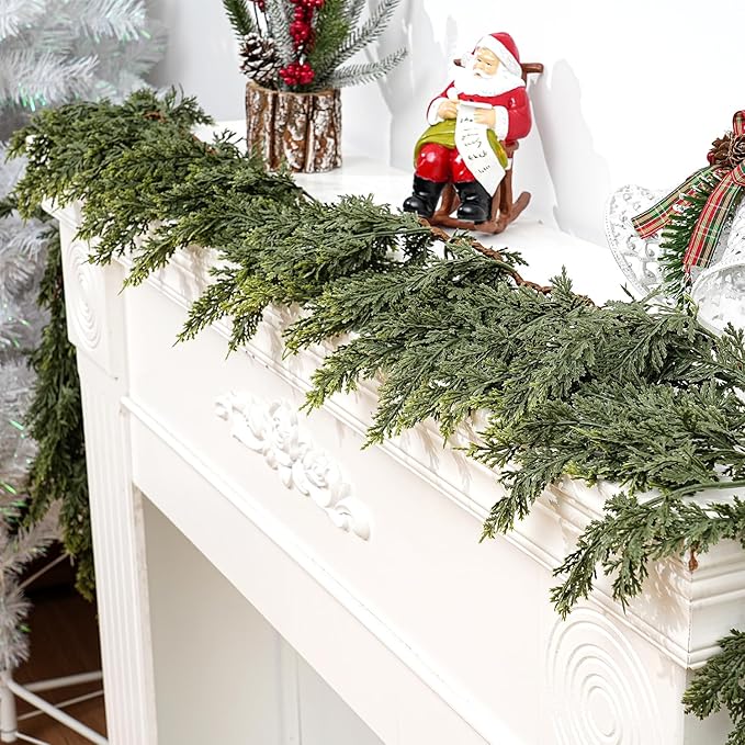 1 Pcs Christmas Real Touch Cedar Garland, 9 Ft Green Cedar Garland with Soft Thickness Pine, Artificial Garlands for Christmas Mantel Decor, Fireplace, Stair and Table Decorations