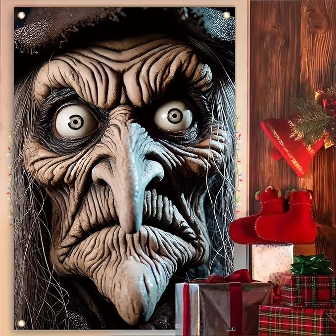 Scary Witch Window Cover Halloween Decoration Window Poster Realistic Creepy Face Haunted House Outdoor Indoor Horror decor for Door Party Supplies Spooky Scene Prop 47x31 Inch