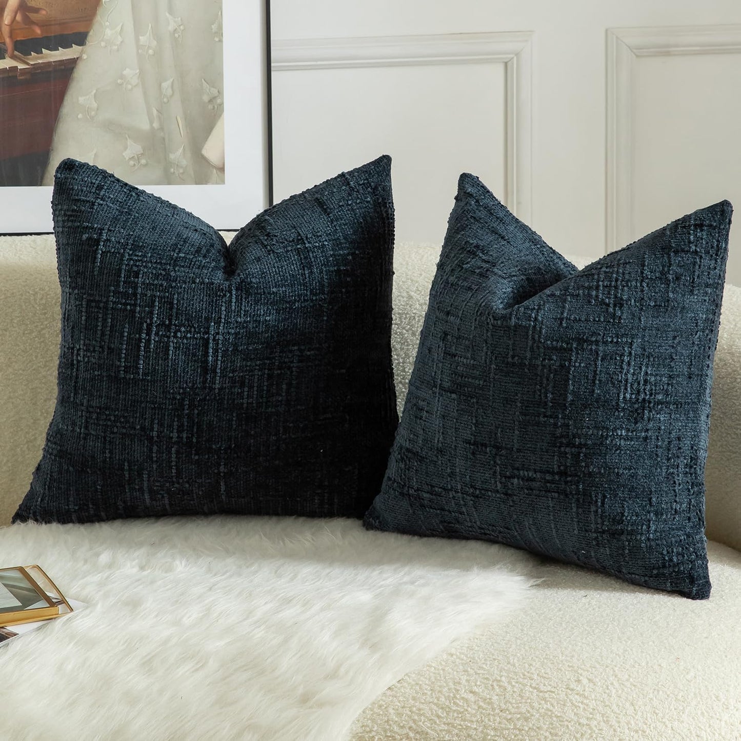 MANDIOO Pack of 2 Soft Chenille Textured Throw Pillow Covers Square Accent Solid Decorative Cushion Cover Cozy Farmhouse Pillow Case for Couch Sofa Bed Living Room 22x22 Inch Dark Blue