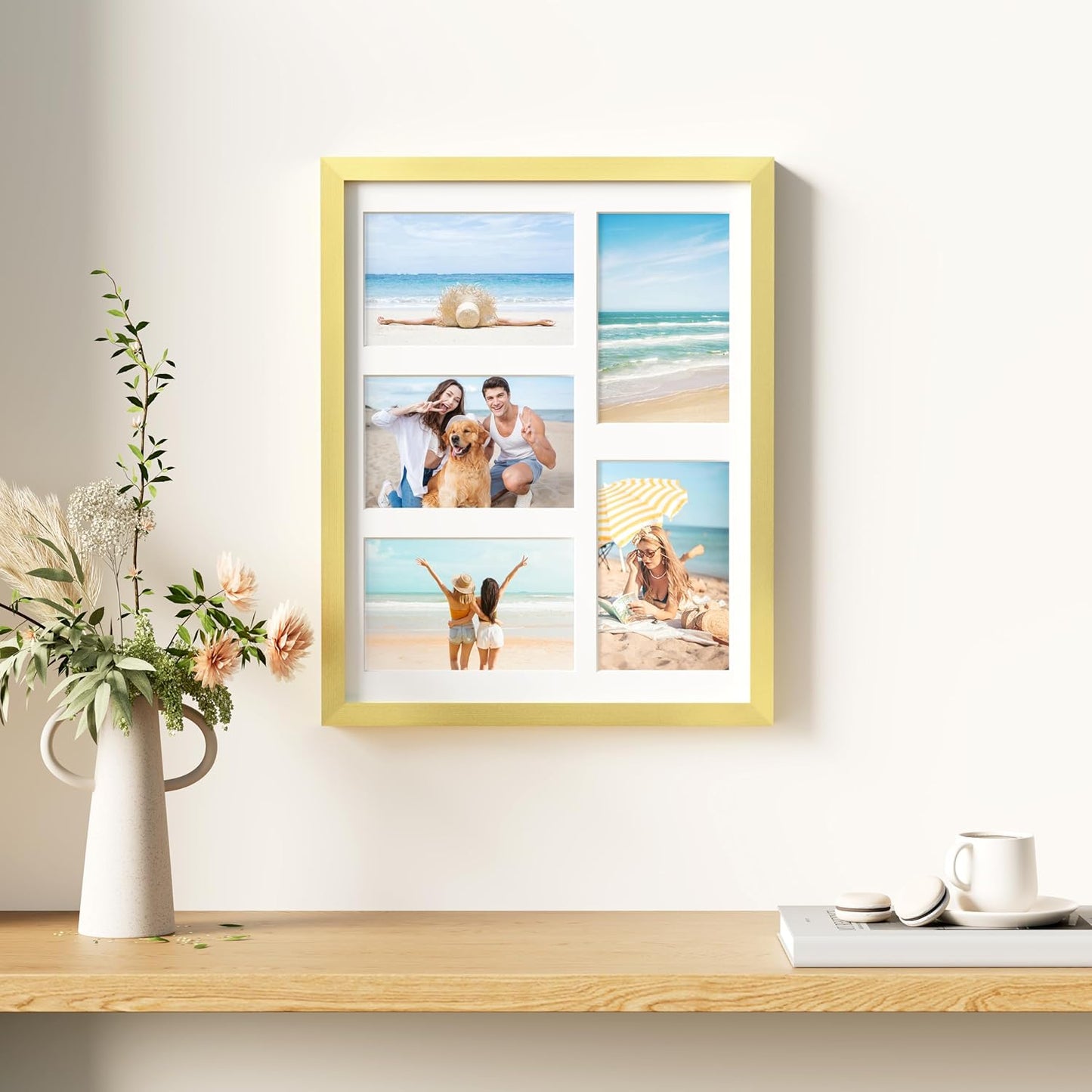 decorUhome 11x14 Picture Frames Collage Wall Decor, Display 5Pcs 4x6 Photos with Mat or 1Pcs 11x14 Unmatted, 5 4x6 Collage Picture Frames for Wall Mounting, Gold