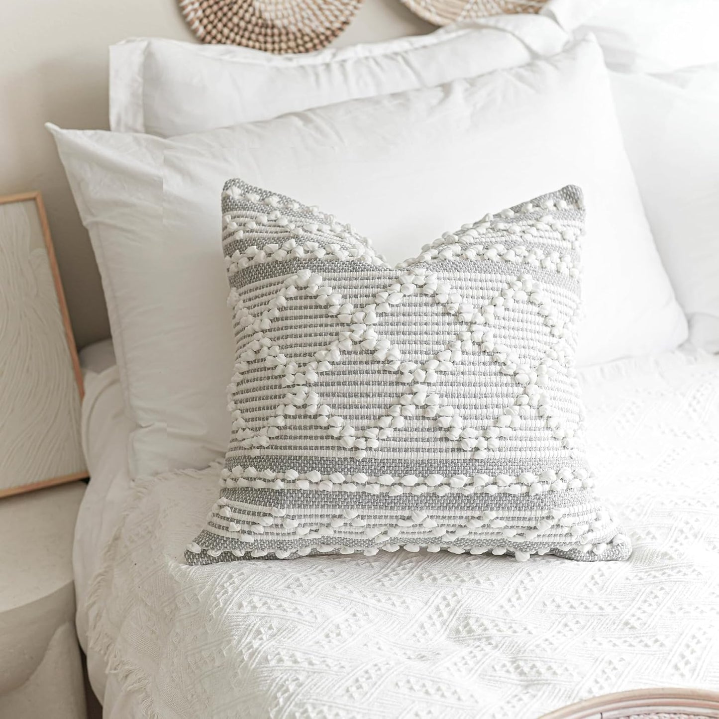 BlissBlush Gray White Decorative Throw Pillow Cover 20X20, Boho Accent Pillow for Couch, Square Modern Farmhouse Pillowcase for Living Room Couch Sofa Cushion Home Décor (Pack of 1)