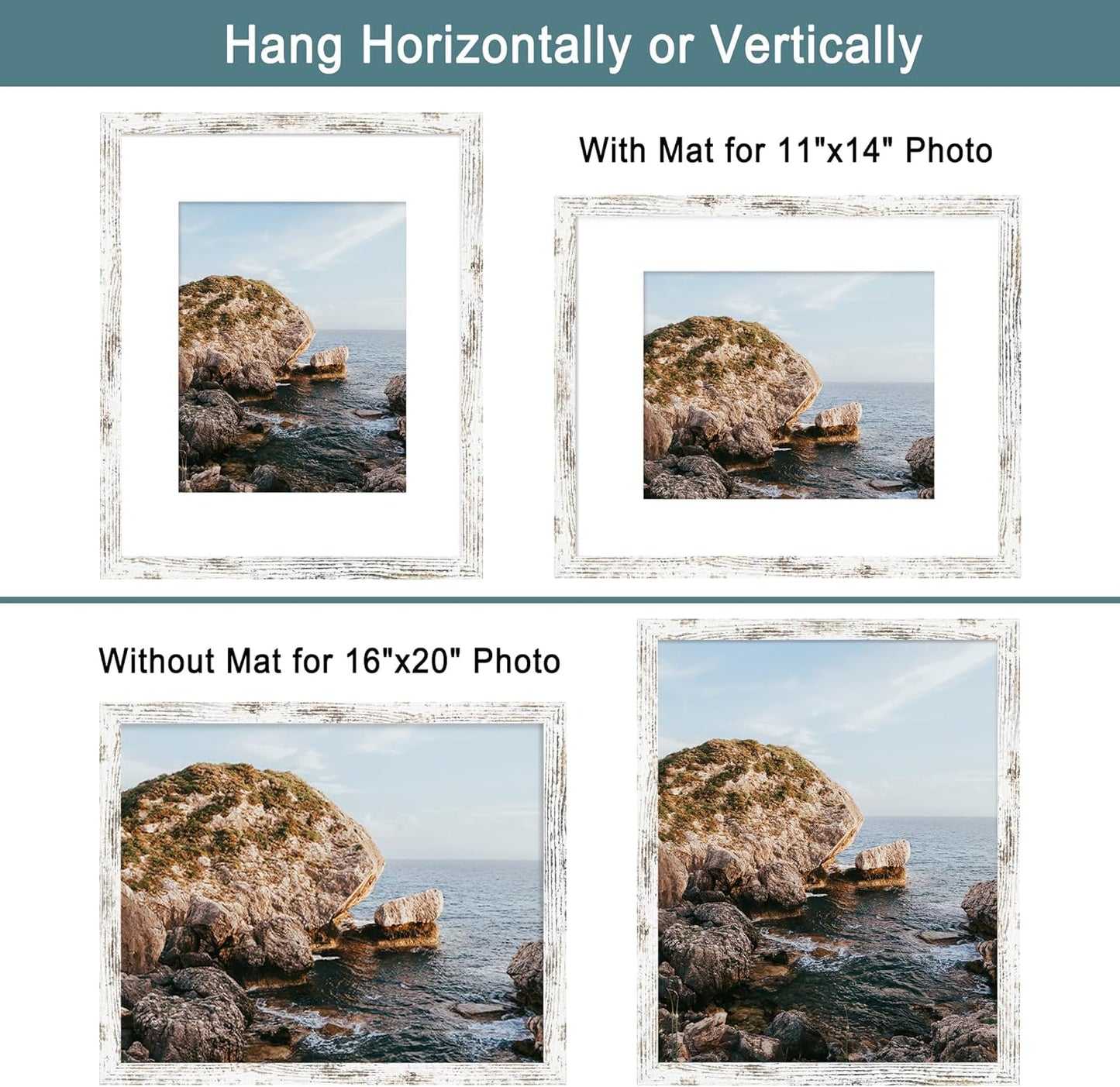 iRahmen 16x20 Picture Frame Set of 2 with Plexiglass, Distressed White Wood Poster Frame Display 11x14 Picture with Mat or 16 x 20 Without Mat for Photo Wall Mounting