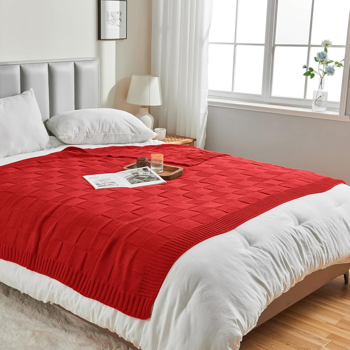 CozeCube Check Knit Throw Blanket, Christmas Red Checkered Bedroom Blanket for Couch, Soft Cozy Warm Knitted Blanket for Bed Sofa Living Room, Decorative Spring Fall Throw Blanket, 60"X80"
