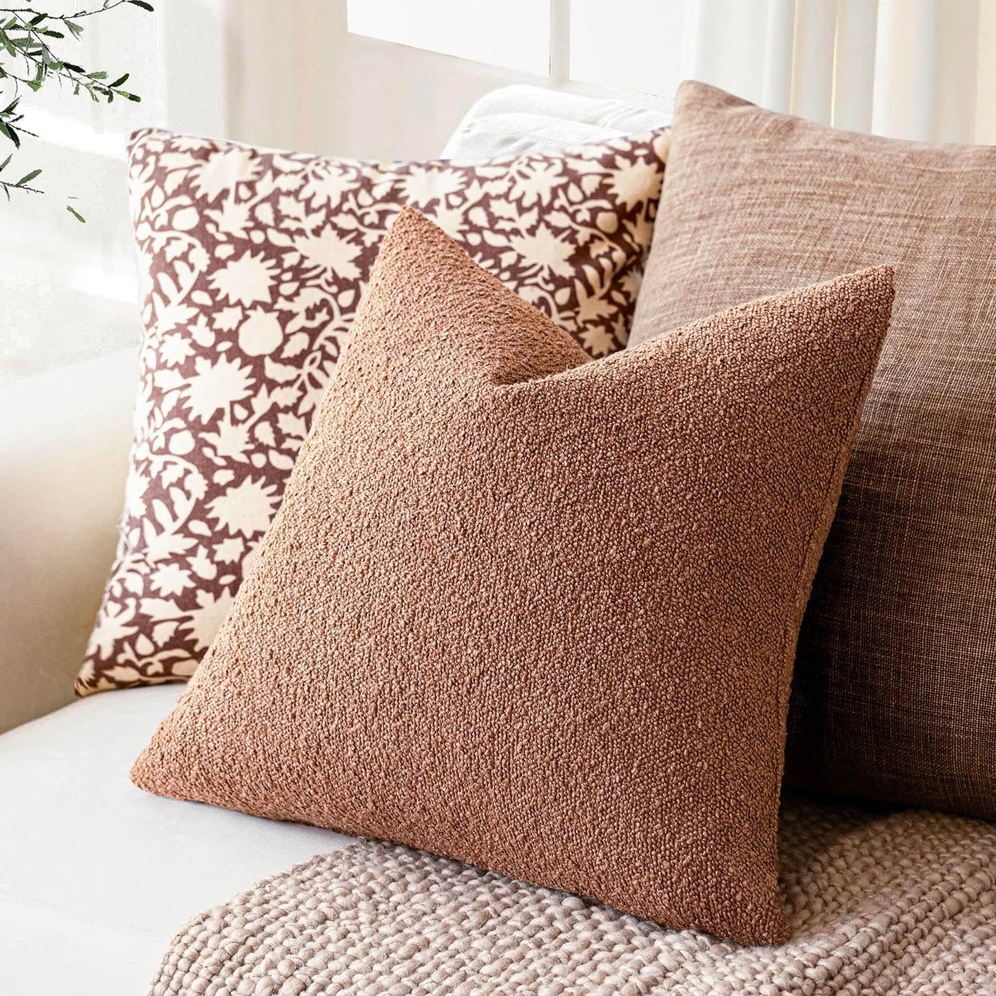 Foindtower Set of 2, Decorative Textured Boucle Throw Pillow Covers Accent Solid Pillow Cases Neutral Couch Cushion Case for Chair Sofa Bedroom Living Room Home Decor 26x26 Inch Dusty Orange Hazel