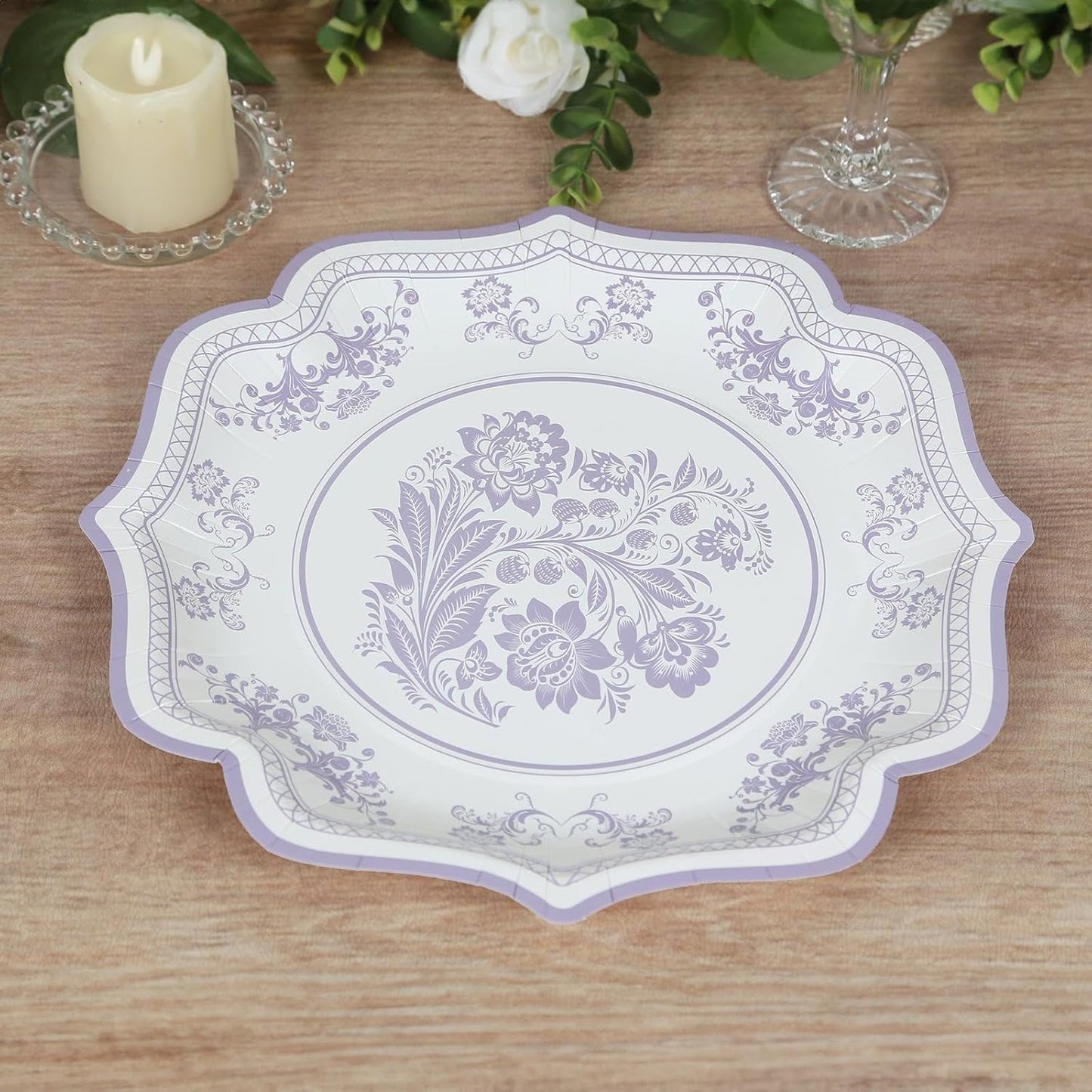 Efavormart 25 Pack White Lavender Lilac Paper Dinner Plates in Damask Floral Pattern, 10" Disposable Party Plates with Scalloped Rims - 300 GSM