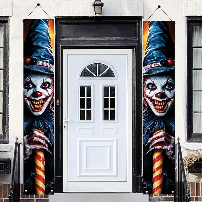 2PCS Halloween Porch Banner Decorations Scary Clown Door Signs 71 x 12 Inch Creepy Outdoor Indoor Halloween Front Door Decor Haunted House Wall Fireplace Hanging Banner Party Supplies