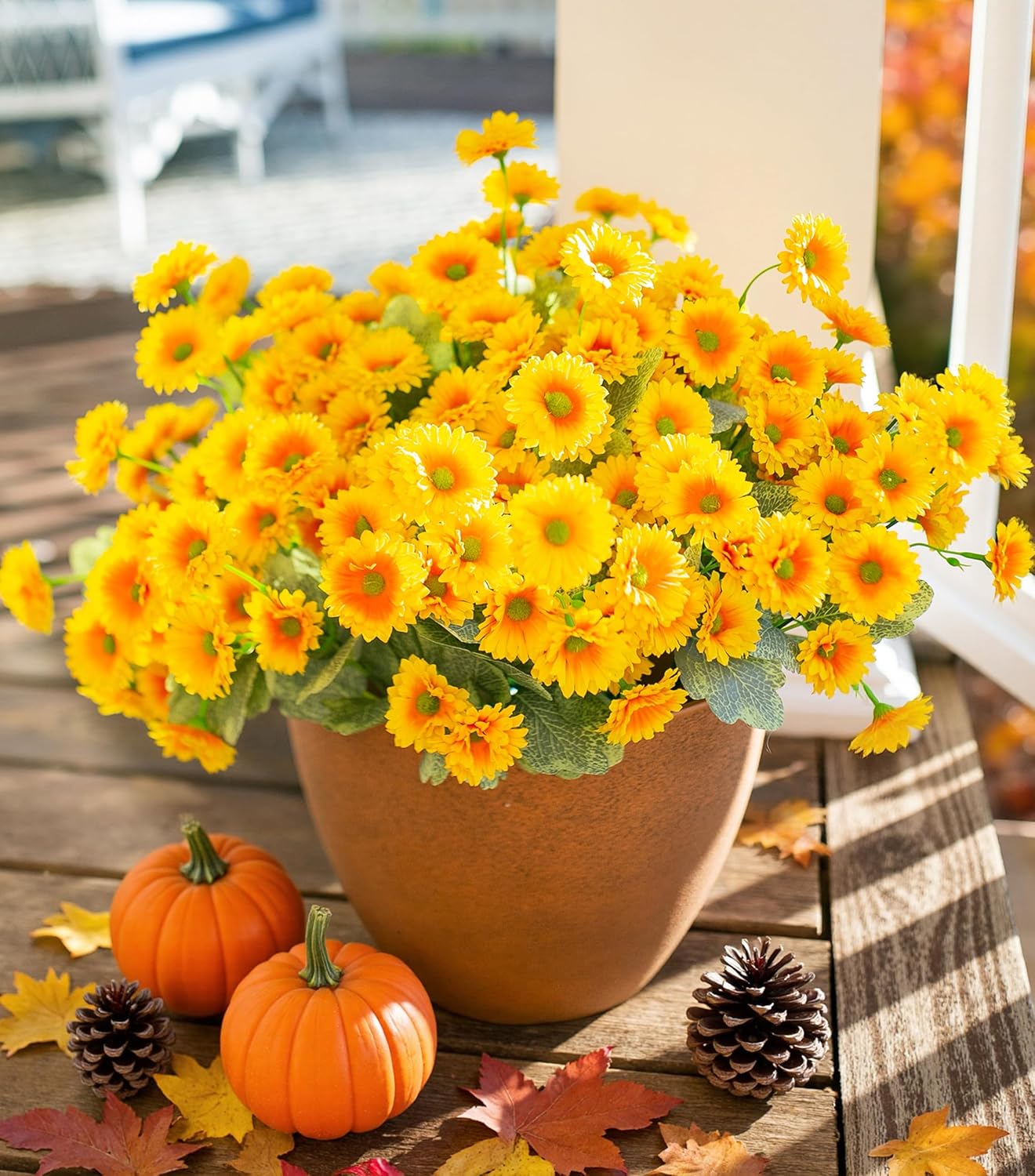 HyeFlora Dahlia Artificial Fall Flowers for Outdoors Autumn Decoration, 6 Bundles Fake Mums Yellow Faux Flowers Plants Realistic UV Resistant Silk Flowers for Outside Planter Front Door Yard Garden