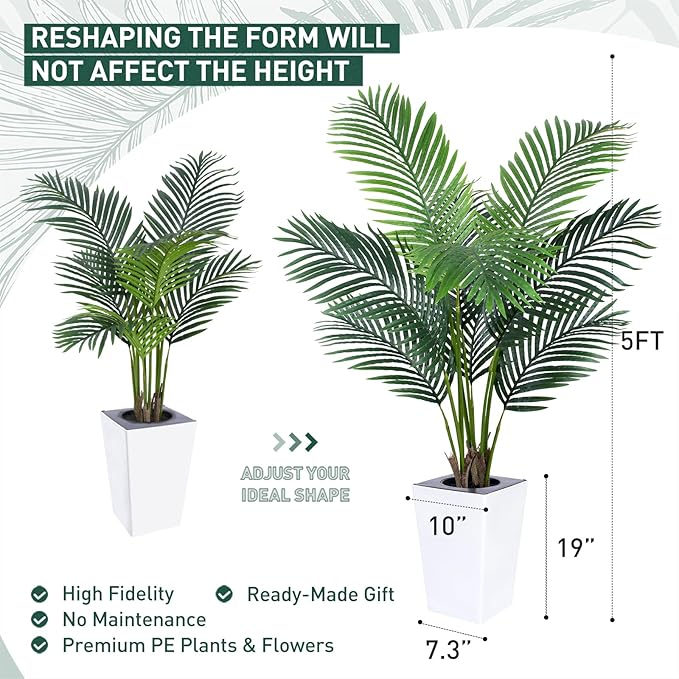 5FT Artificial Palm Tree with White Tall Planter - Fake Tree Areca Floor Plant in Pot - Artificial Silk Plants for Indoor Home Office Decor