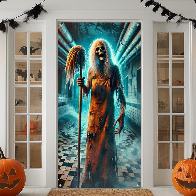 IVN Horror Door Banner 35x71 Inch Skeleton With Long White Hair Holding Mop Abandoned Corridor Background Blue Light Smoke Haunted Halloween Porch Decoration Scary Spooky Horror Theme