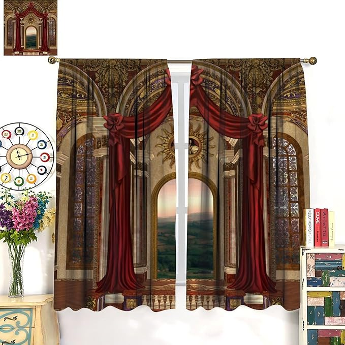 Gothic Blackout Curtains，Red Fantasy Palace Pattern Drapes Window 2 Panel Rod Pocket Curtain for Bedroom Living Room Decor 21" W X 45" L