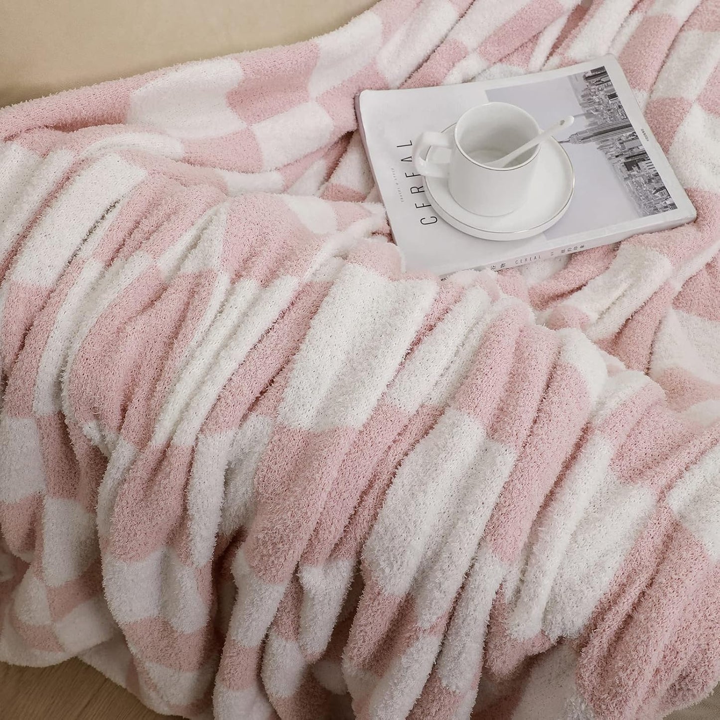 bearberry Fuzzy Checkerboard Grid Throw Blanket Soft Cozy Warm Microfiber Blanket Decor for Couch Sofa Bed Travel Home (Pink, 50''x60'')