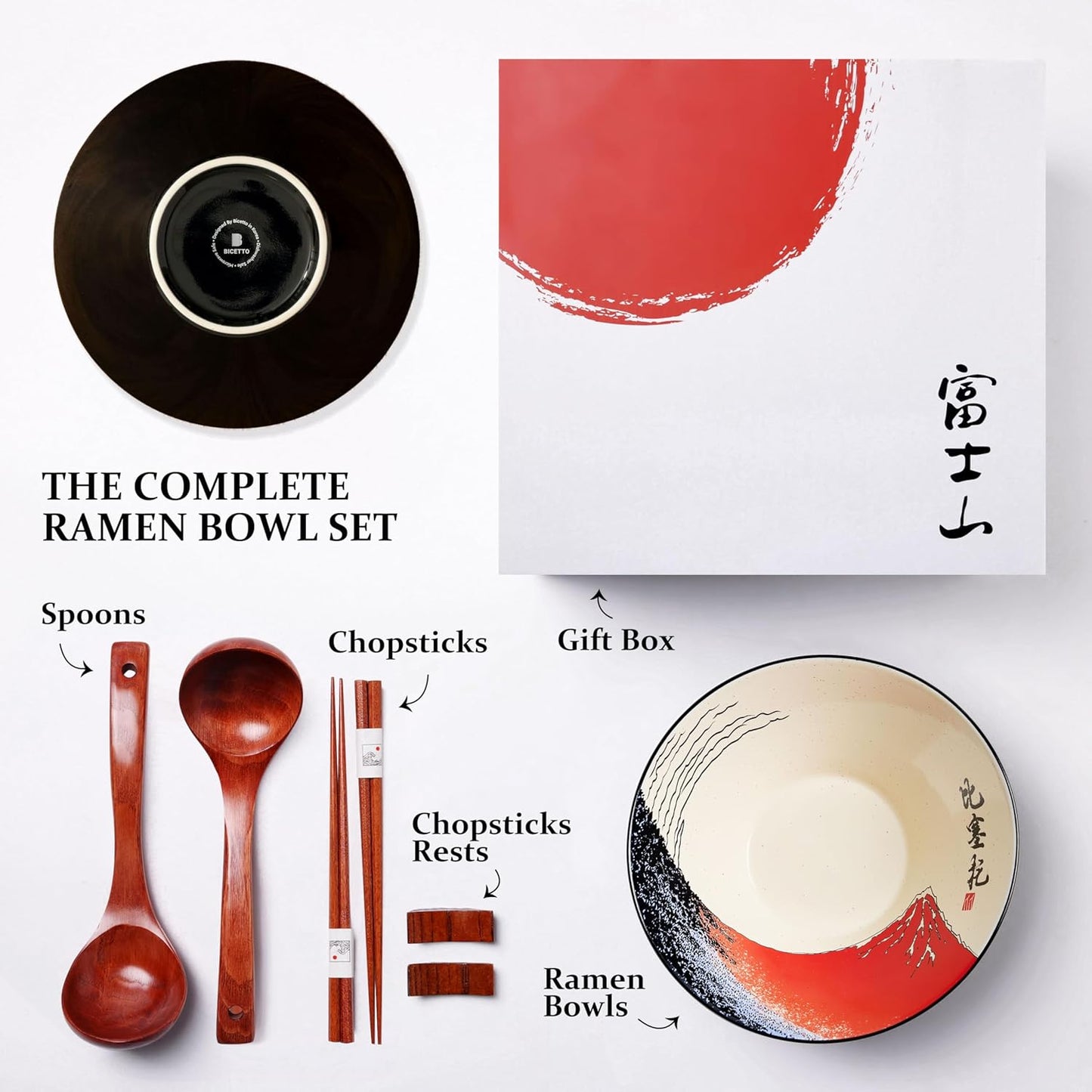 Japanese Ramen Bowl Set with Red Fuji Design - 60oz Large Ceramic Bowls, Spoons, Chopsticks for Ramen, Pho, Salad, Poke - Premium Gift for Ramen Lovers - Microwave & Dishwasher Safe