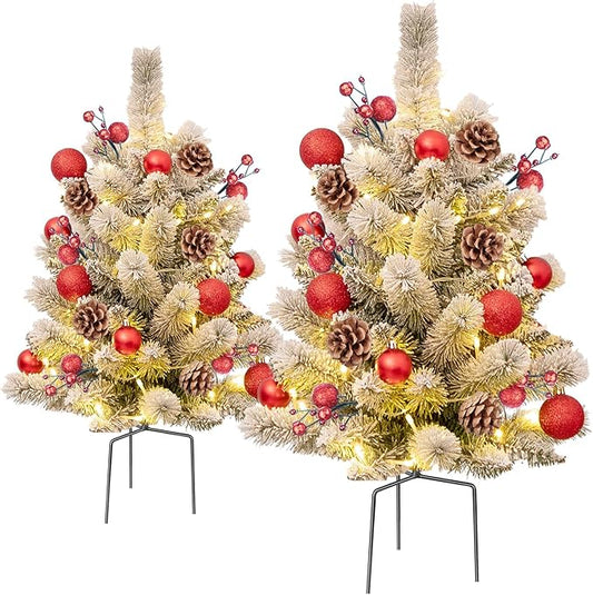 24'' Mini Artificial Christmas Tree with LED Lights Faux Pine Cones and Berrys Pre-Lit Snow Flocked Xmas White Trees Christmas Porch Decorations Small Fake Trees for Outdoor Home Yard - Set of 2