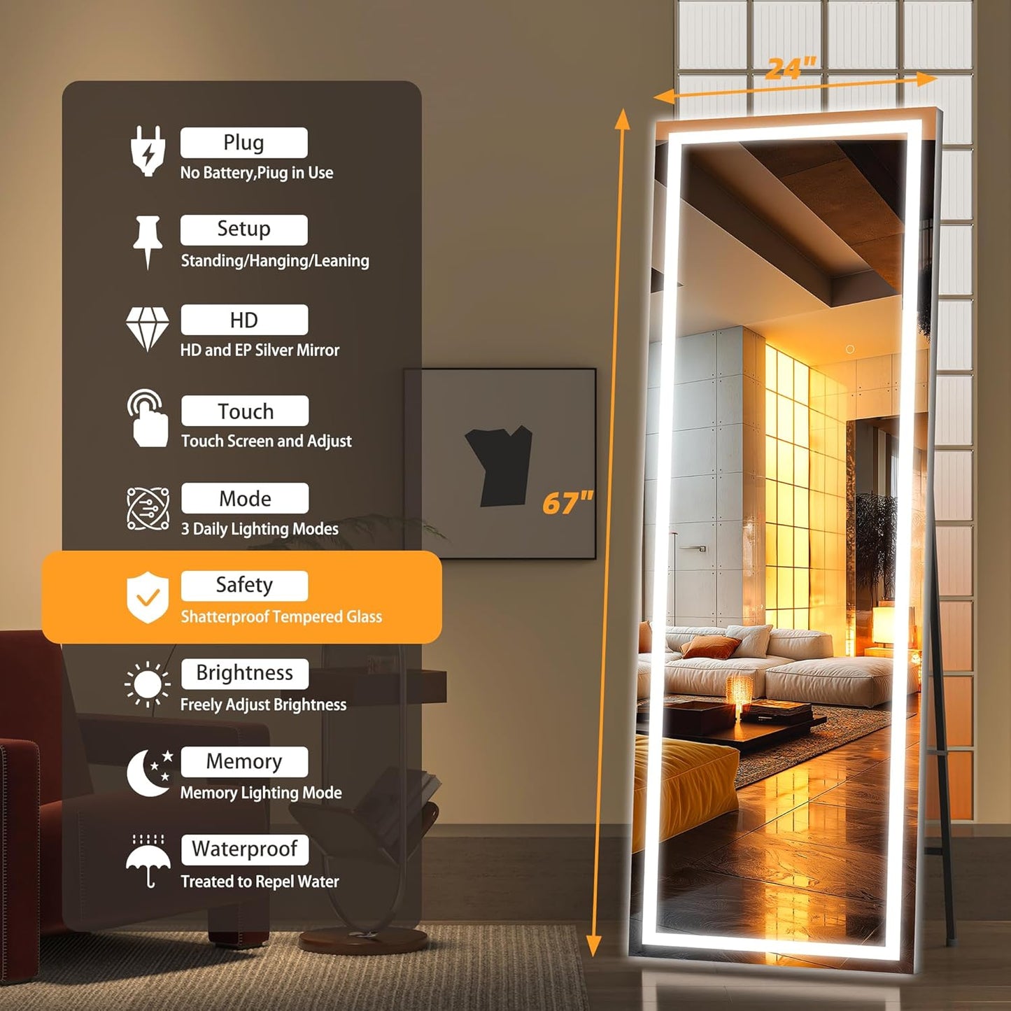 Hasipu Full Length Mirror with Lights, 67" x 24" LED Lighted Floor Standing, Full Body Dressing Hanging Mounted Mirror, Dimmable, Tempered Glass, Safe to Use, Square Black