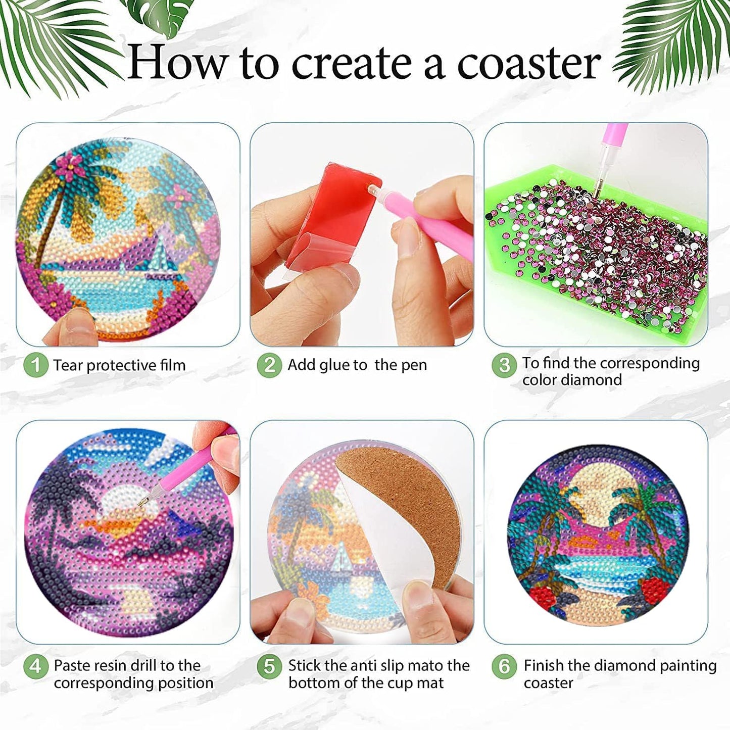 EWJRNSF 6 PCS Small Diamond Art Coasters Kits, Diamond Painting Coasters, Fall Diamond Art Kits for Adults Beginners, Arts and Crafts Item Sets with Holder for Drinks. Ocean Beach