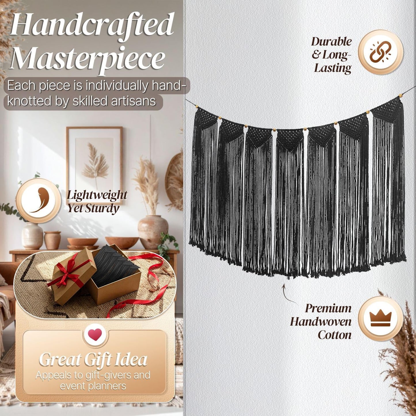 Flexzion Macrame Wall Decor Hanging Boho Hand Woven Tapestry Art Bunting Banner Bohemian Wall Decor for Home Bedroom Living Room Rustic Hippie Garland Baby Nursery, 47 Inch Black Cotton Curtain