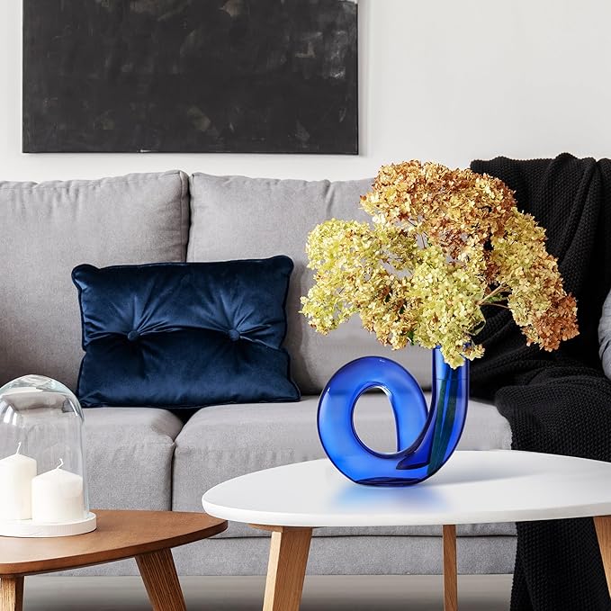 Joeyan Handmade Small Blue Glass Flower Vase,Decorative Geometric Glass Bud Vase for Modern Home Centerpieces Living Room Office,4.72" Abstract Vase for Single Flower and Dry Flowers