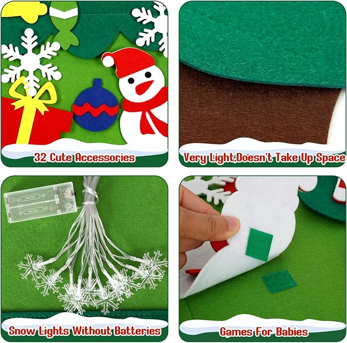 YEAHBEER Felt Christmas Tree for Kids, 3.2FT Felt Christmas Tree for Toddlers, 32 Detachable Ornaments, Toddlers Wall Hanging Decorations, Luminous Snowflake Bulb, DIY Felt Xmas Decor