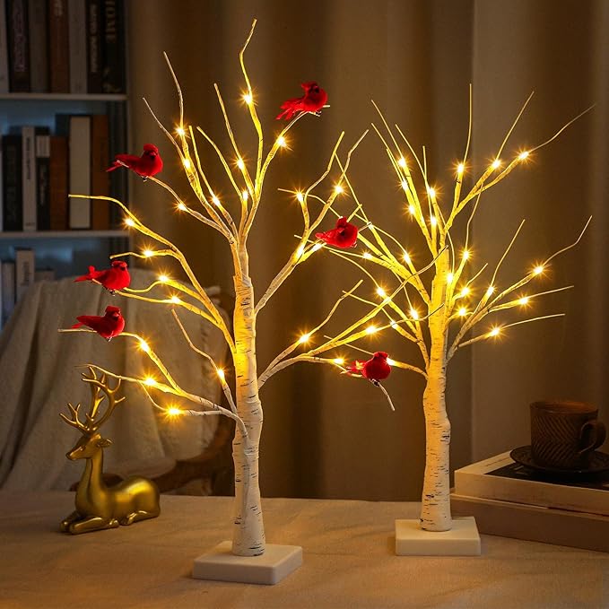 2 Pcs 2 ft Birch Tree with LED Lights for Christmas Decor Indoor with 12 Pcs Mini Cardinal Clips on Tree Ornament Lighted Birch Tree Battery Powered for Home Table Centerpiece Mantel Decor