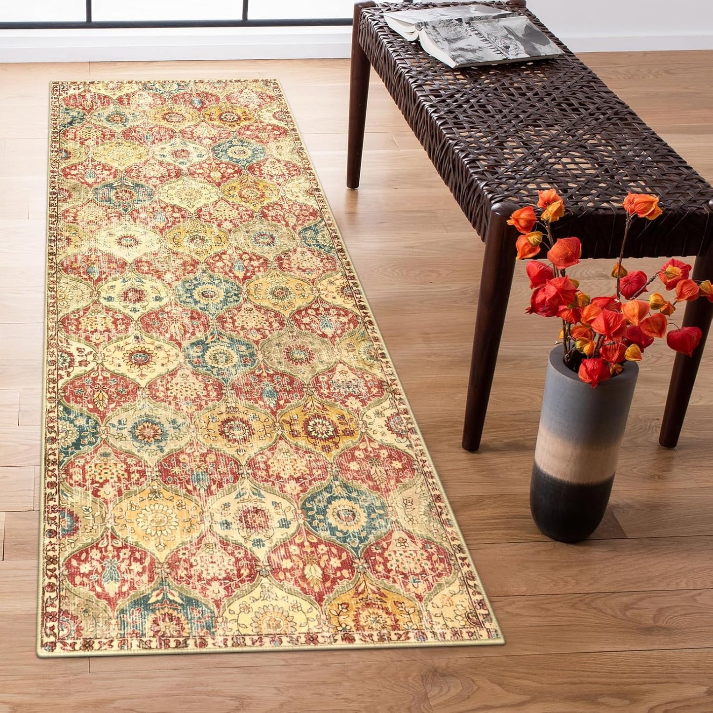 Lahome Moroccan Trellis Washable Runner Rug, 2x6 Kitchen Runners for Hallways 6 Feet Non Slip, Vintage Laundry Room Rug Ultra-Thin Long Carpet for Bathroom Bedroom Entryway, Red/Orange