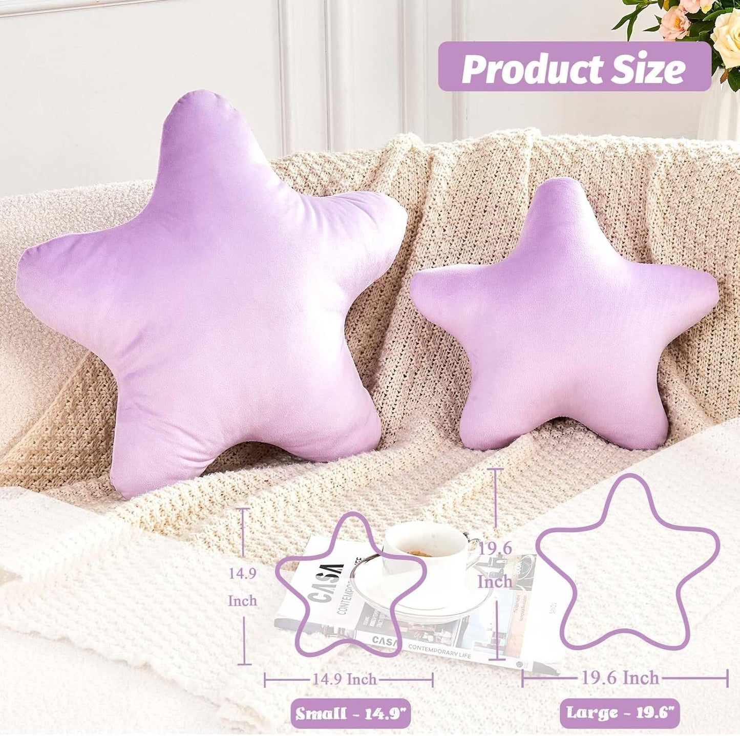 Lavender Star Throw Pillow, Cute Star Pillow Room Decor, Soft 19.6" Star Shaped Decorative Throw Pillow for Bedroom, Star Plush Floor Cushions Pillows