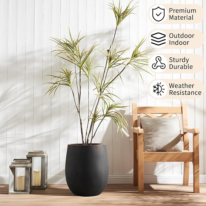 Wallowa 15.5" H Outdoor Concrete Planter, Round Flower Pot with Drainage Hole and Silicone Plug, Plant Container for Garden, Patio, Home, Office, Black, Copper Rim, 1 Pack