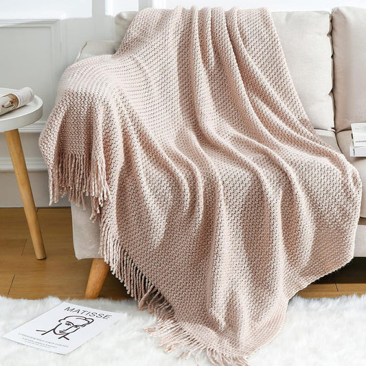 Blagic Knitted Throw Blanket for Couch,Soft Farmhouse Throw Blanket with Tassels,Home Decorative Lightweight Throw Blankets,Throws for Bed/Chair/Sofa,Wheat Textured (Light Pink & White,50" W x 60" L)