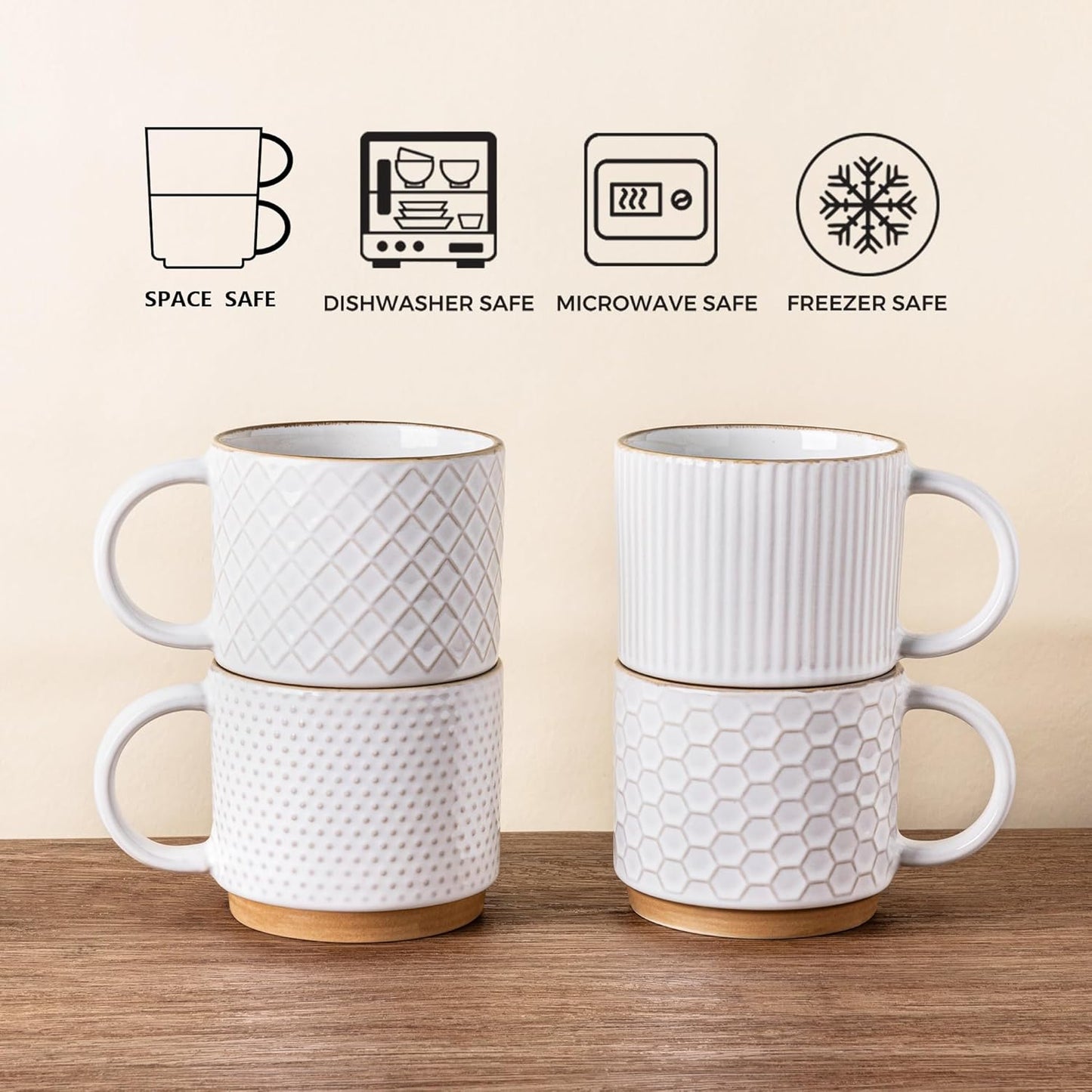 GBHOME 15OZ Stackable Coffee Mugs, Ceramic Coffee Mugs with Texture Patterns for Man,Woman,Dad,Mom, Modern Coffee Mugs Set of 4 for Latte/Cappuccino/Cocoa. Dishwasher&Microwave Safe, Off White