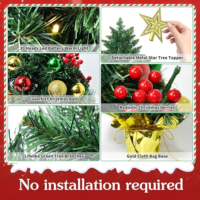 Tabletop Christmas Tree with LED String Lights,22In Pre-Decorated Mini Artificial Christmas Tree for Desktop,Star Treetop and Colored Oranments for Home Indoor Holiday Christmas Decoration-Red