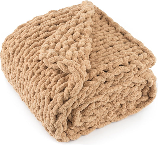 Chunky Knit Throw Blanket 60"X 80", 100% Handmade with Soft Chenille Yarn, 6.7lbs Thick Cable Knitted Blankets, Large Rope Knot Crochet Throws for Couch Sofa Bed Home Decor, Tan Brown