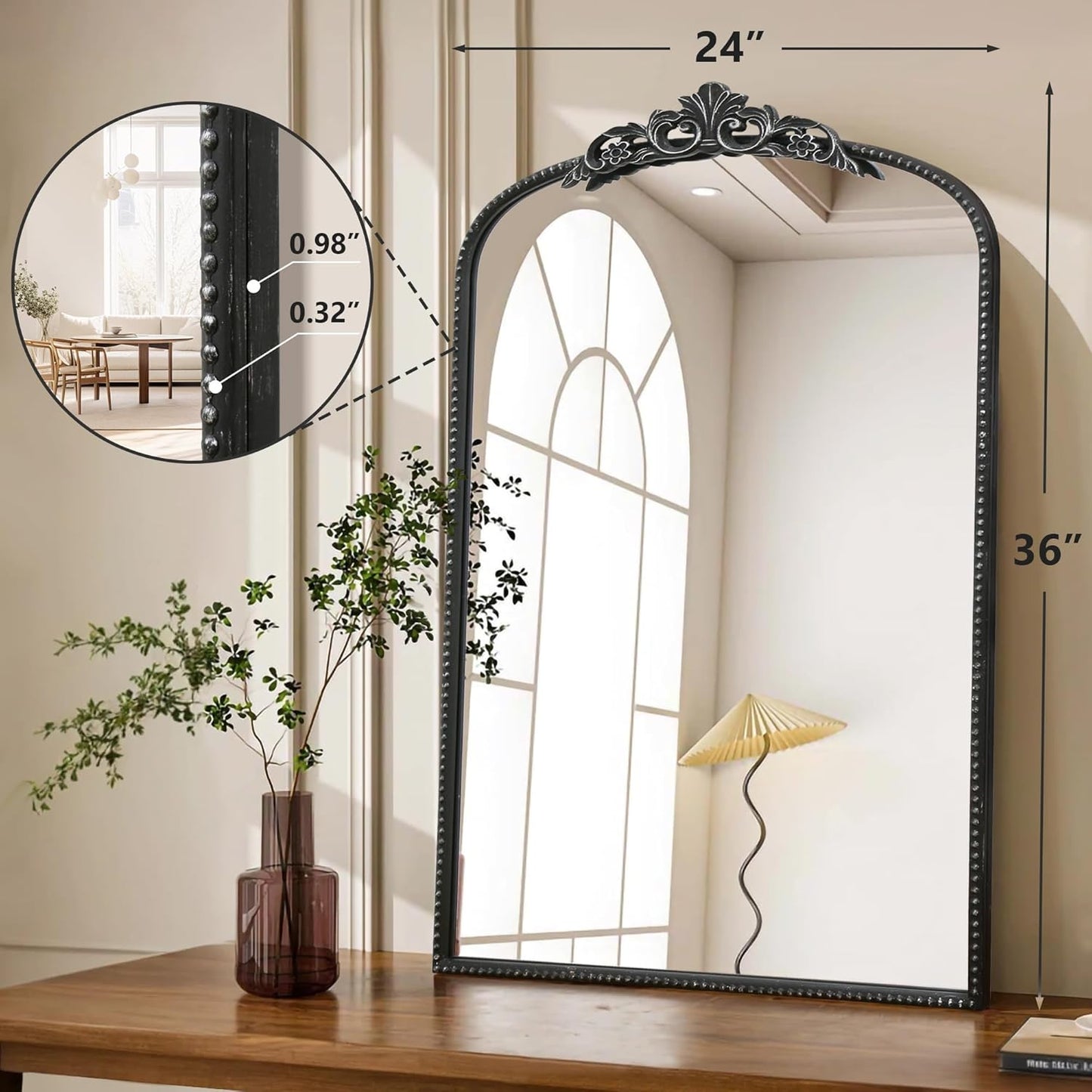 Micasso Vintage Wall Black Mirror: 24" x 36" French Baroque Antique Mirror - Traditional Ornate Decorative Arched Mirrors for Wall/Bathroom/Entryway/Fireplace/Hallway - Home Decor for Living Room