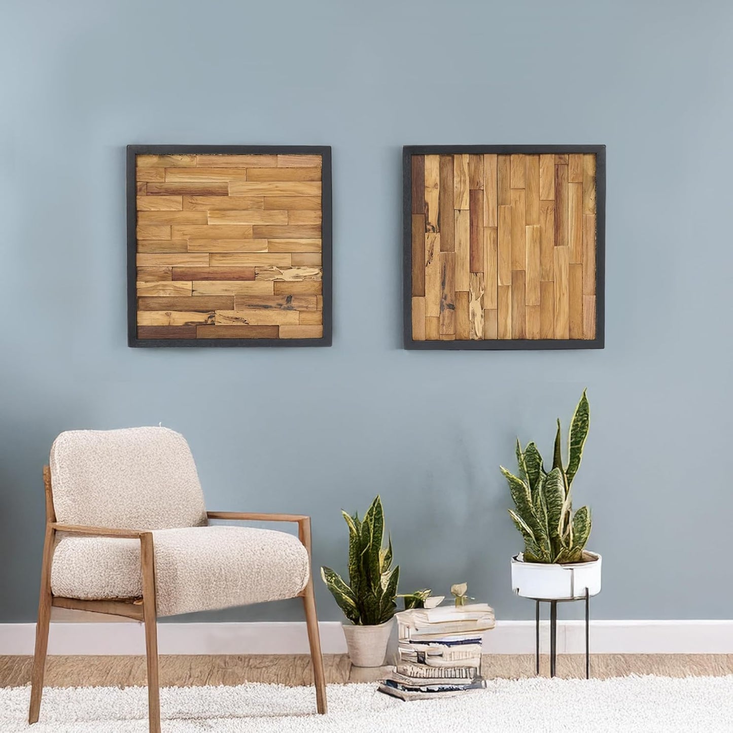Greenage Teak Wood Wall Decor 16.9"x16.9" Farmhouse Slender Strip Pattern Rustic Natural Wood Wall Art Hanging Decoration Textured Wooden Frame Wall Panel for Home Living Room Bedroom