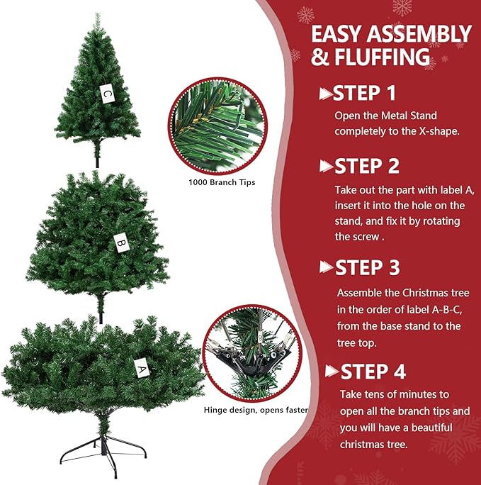 ULICO 6ft Artificial Green Christmas Tree,Premium Spruce Xmas Tree with 1000 Branch Tips, Fake Christmas Tree with Metal Hinges and Foldable Base Stand,Home, Office,Party Decoration