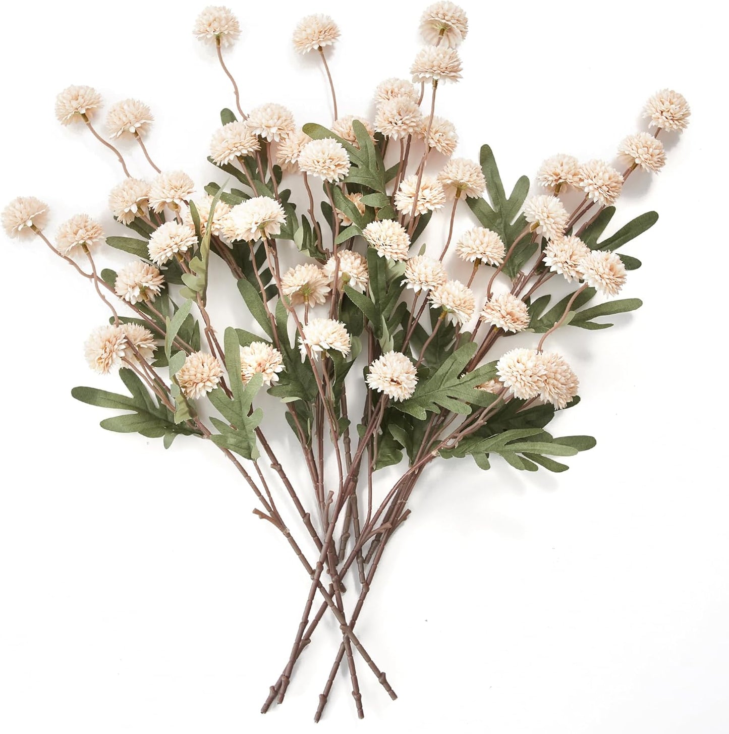 InnoGear Silk Flowers Pompon Mums Artificial Flowers, 10pcs 50 Heads Fake Mini Chrysanthemums with Long Stems Bulk Faux Kiku Flower for Decoration Memorial DIY Wedding Bouquets Centerpieces, Beige