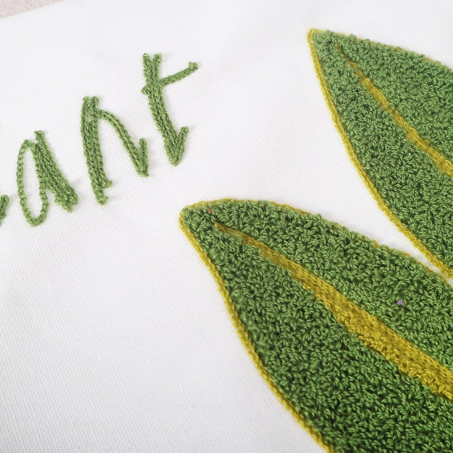 Embroidery Throw Pillow Cover 18x18 Green Tropical Leaf Loop Plant Word Embroidered Floor Pillow Cover for Couch 100% Cotton Decorative Cushion Cover Home Décor Pillow Case 45x45cm, 1 Piece