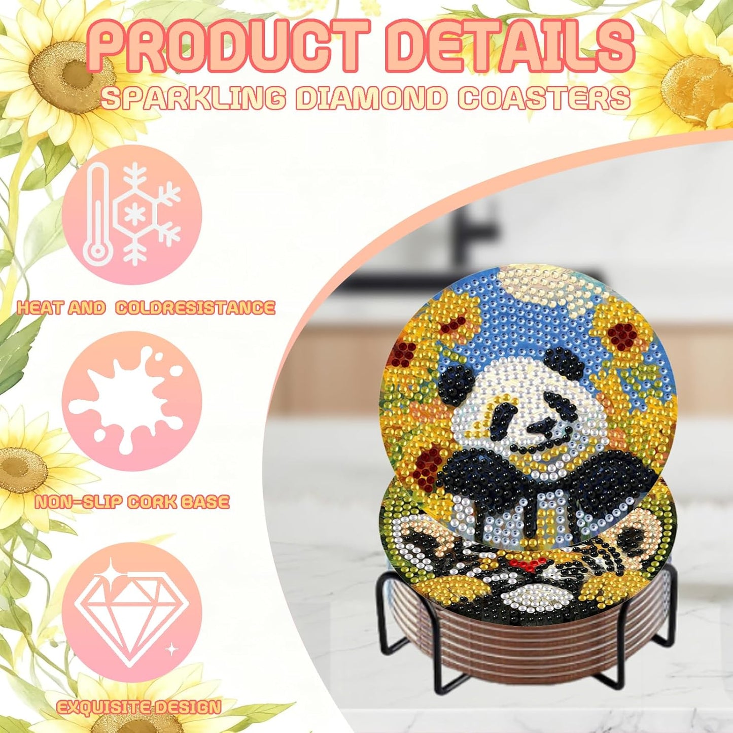 DOZEEZOP 8 PCS Animal Diamond Art Coasters Kit, Sunflower 5D Diamond Painting Coasters with Holder, Fall Small Diamond Art Kits for Adults Beginners, Diamond Dots Arts and Crafts Supplies