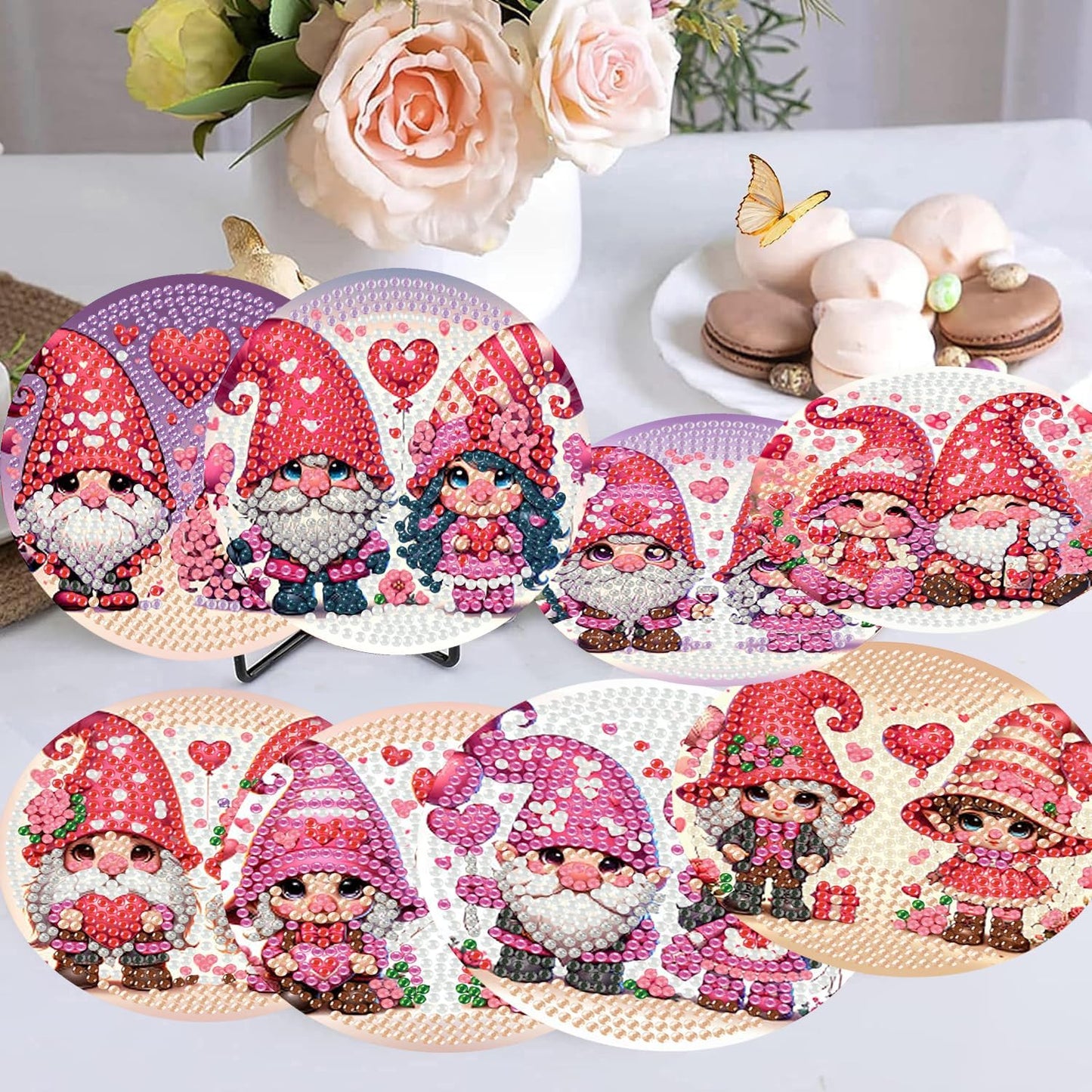Meothan 8 Pcs Diamond Art Coasters Kits for Adults with Holder Cork Pads, Valentine's Day Gnomes Diamond Dots Art Painting Coasters Crafts Kit for Home Office Decor (4x4in)