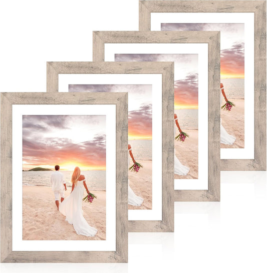 iRahmen 10x14 Picture Frame Set of 4 with Tempered Glass, Smoke Gray Frame Display 8x12 Picture with Mat or 10 x 14 Without Mat, Wood Rustic Photo Frames for Horizontal or Vertical Wall Mounting