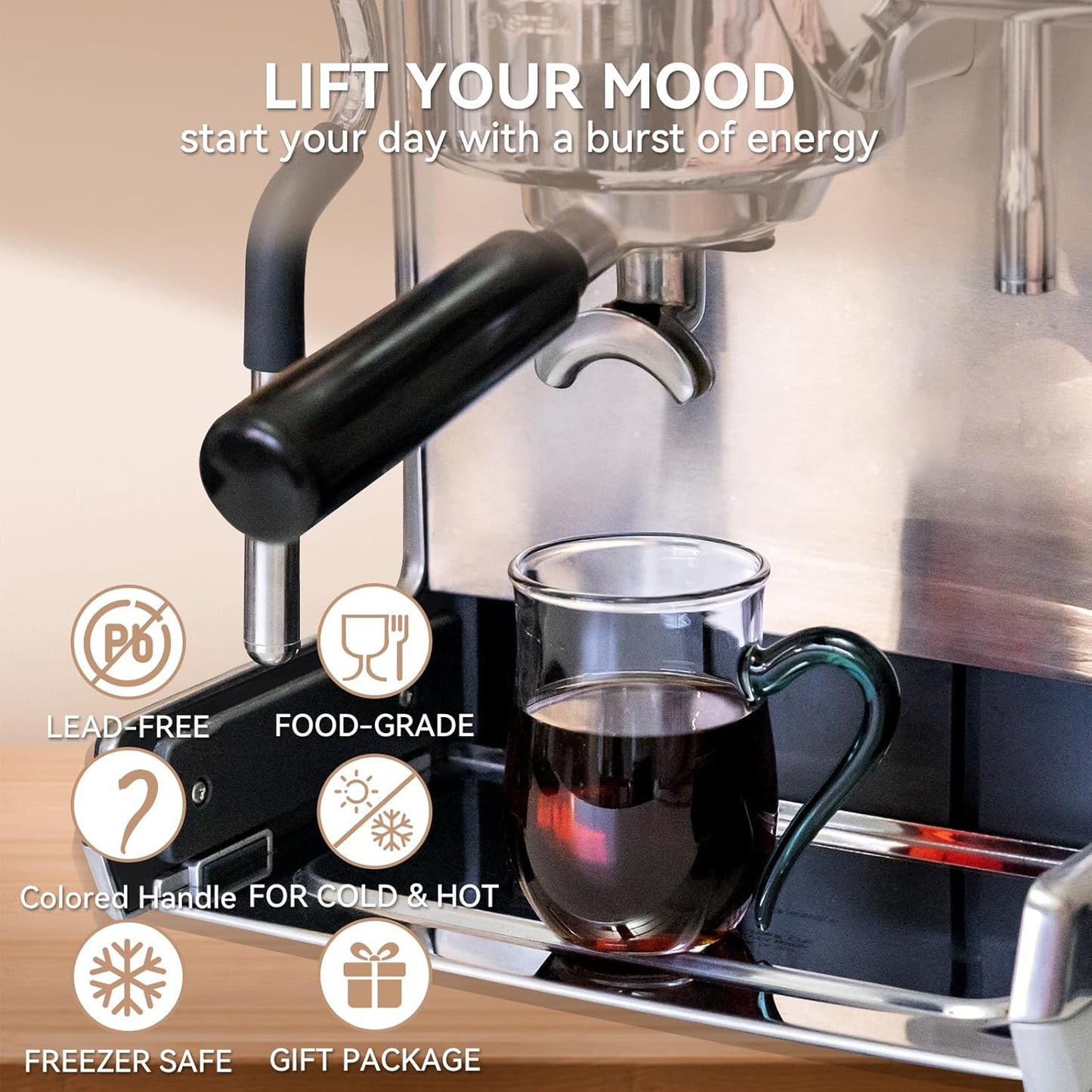 COMI Glass Coffee Cups,8oz Clear Coffee Cups Set of 6,Lightweight Glass Mugs with Colorful Handles,Heat Resistant & Explosion-Proof, Perfect for Home, Cafe, Office