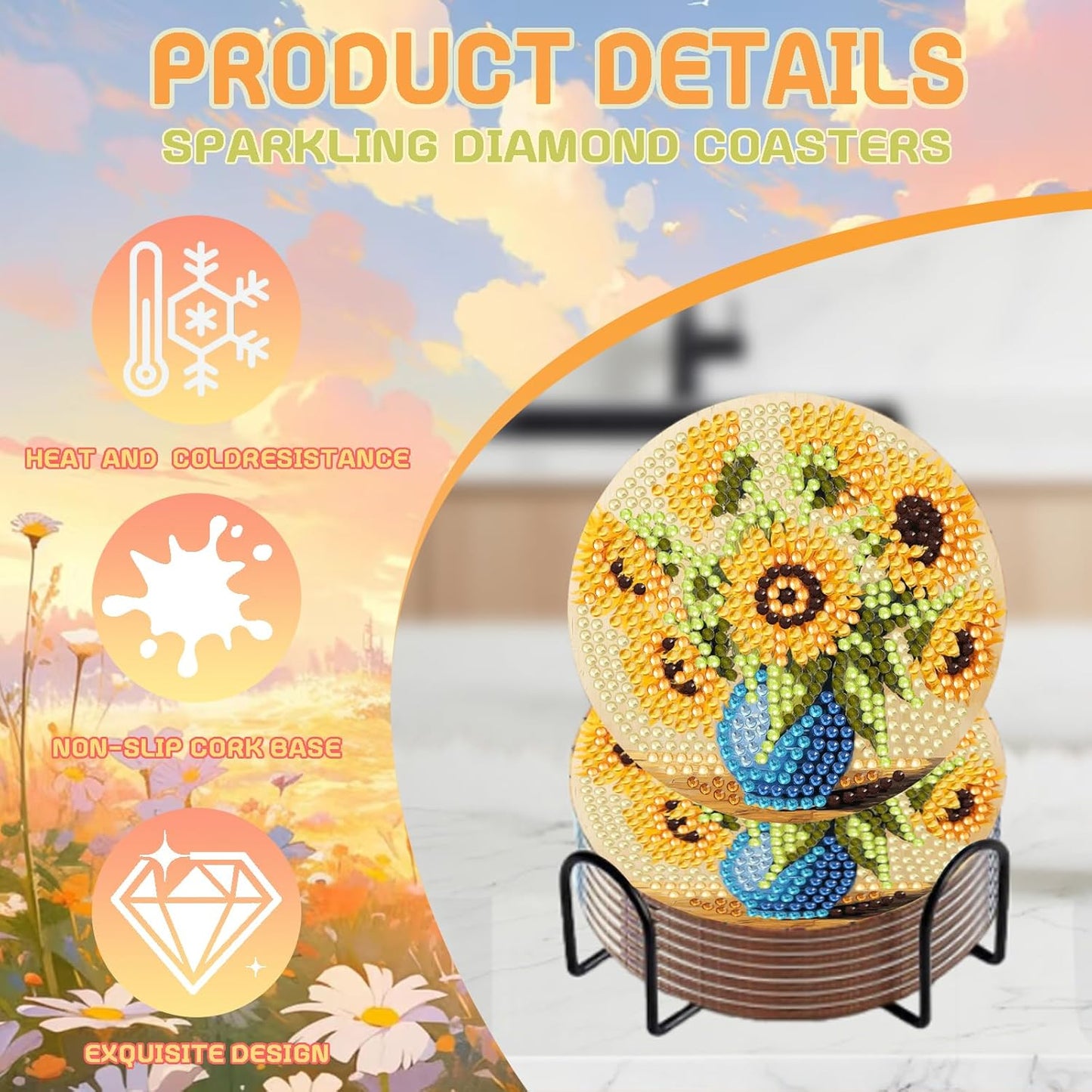 DOZEEZOP 8 PCS Hydrangea Diamond Art Coasters Kit, Flowers 5D Diamond Painting Coasters with Holder, Fall Small Diamond Art Kits for Adults Beginners, Diamond Dots Arts and Crafts Supplies