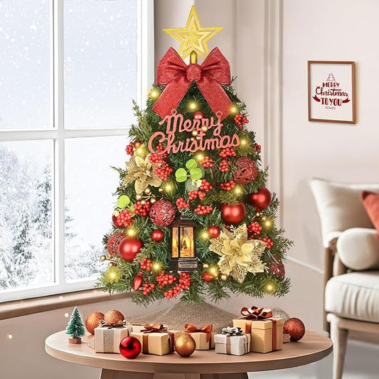 Uspring 2Ft Small Christmas Tree with Lights, Artificial Table Top Christmas Tree with Pre-Decorated Ornaments LED Lights, Mini Xmas Trees with Hanging Snow Globe Lanterns for Indoor Holiday Decor
