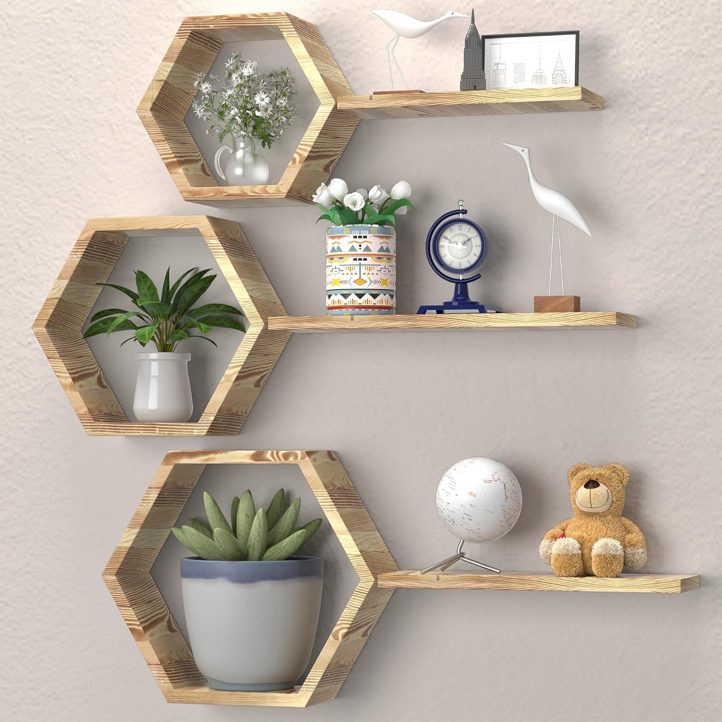 Hexagon Floating Geometric Honeycomb Shelves - Hexagon Floating Shelves Wall Mounted, Honeycomb Wall Shelves Set of 6, Geometric Floating Shelves for Home Decor, Lightly Color