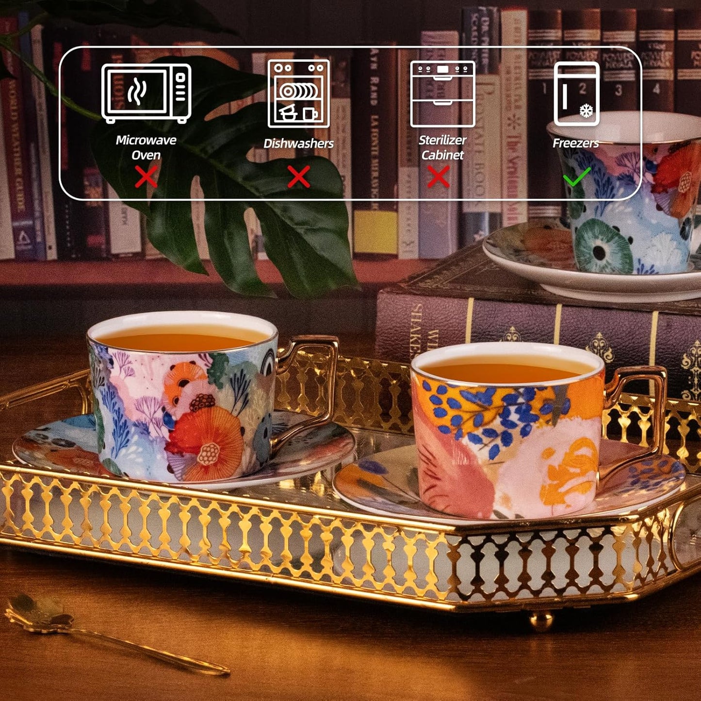 KAMMAK Tea Cups and Saucers Set of 2, Fine Bone China Coffee Cups, 8.5-Ounce Stackable Espresso Mugs, Ceramic Demitasse for Coffee, Cappuccino, Latte, Americano, Tea, Floating World