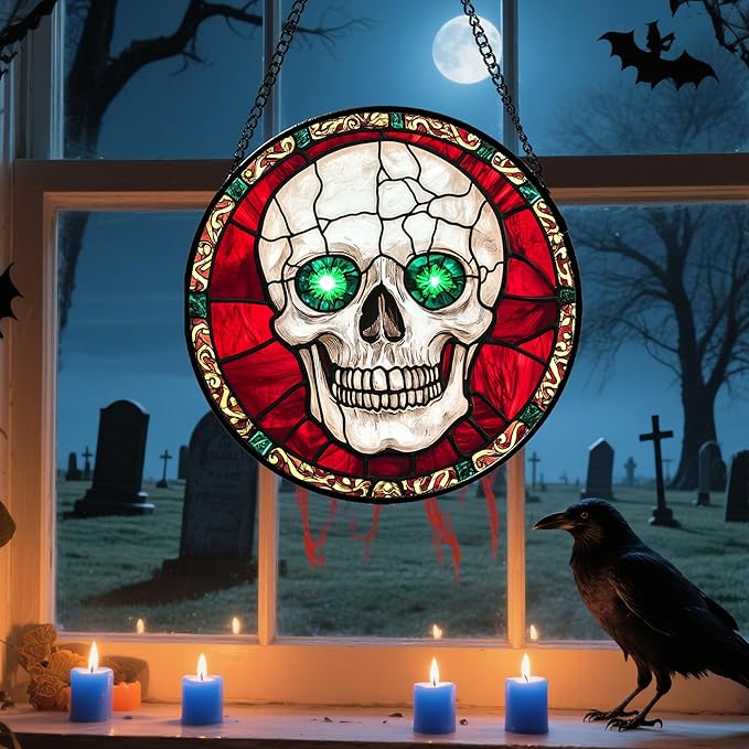 Stained Glass Window Hanging - Halloween Decorations Vampire Skeleton Suncatcher for Doors Garden Indoor Spooky Funny Sun Catchers Gothic Decor Horror Gifts for Women Men Friend 6.3 in