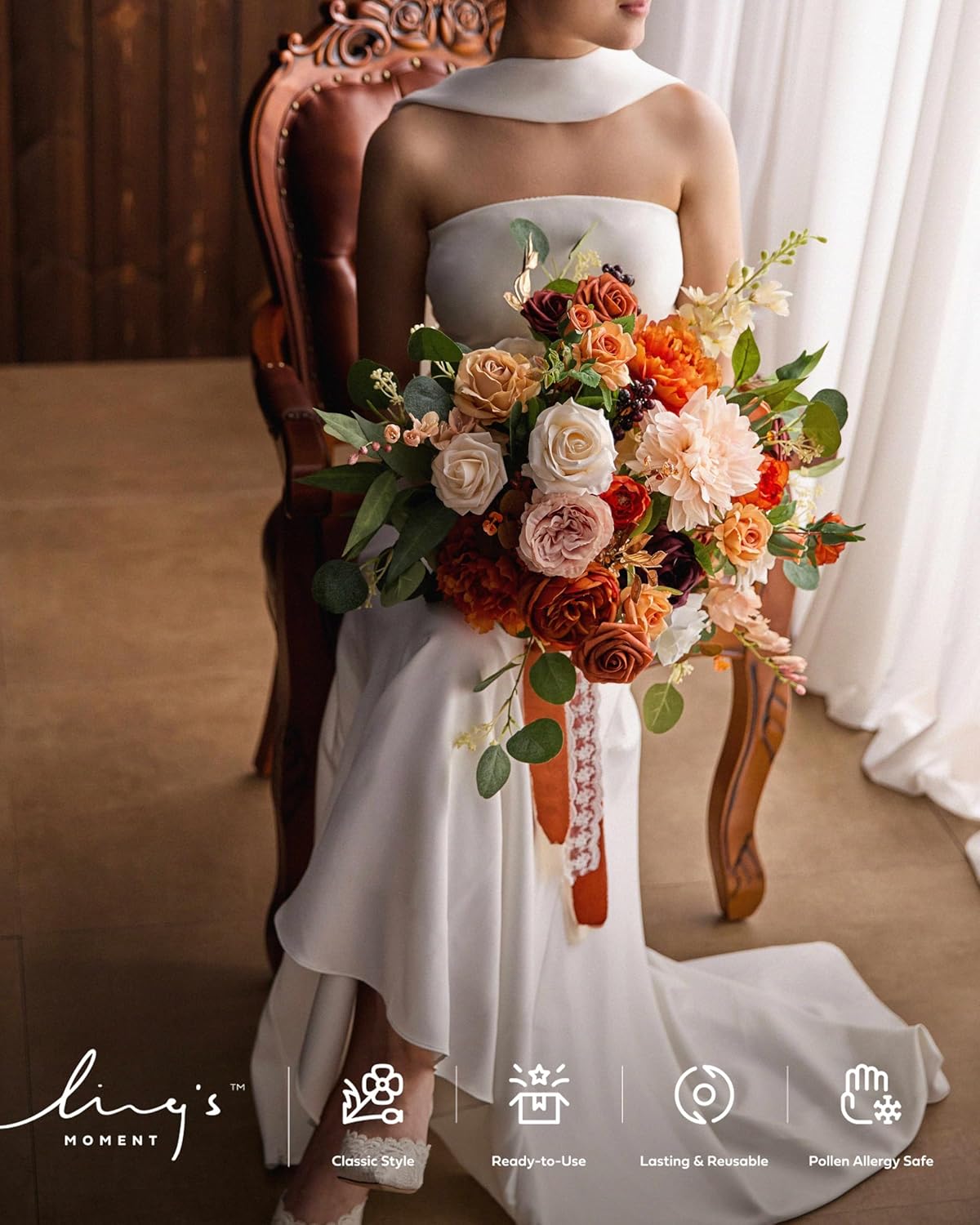 Ling's Moment Terracotta Wedding Bouquets for Bride, Burnt Orange Bridal Bouquets for Bride, 15 Inch Free Form Artificial Wedding Flower Bouquet