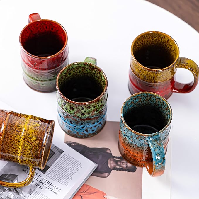 20 Oz Coffee Cups-Beer Mug, Large Ceramic Coffee Mugs, Handmade Pottery Mug, Tea Cups with Handle for Office and Home, Dishwasher and Microwave Safe (Red & Green)